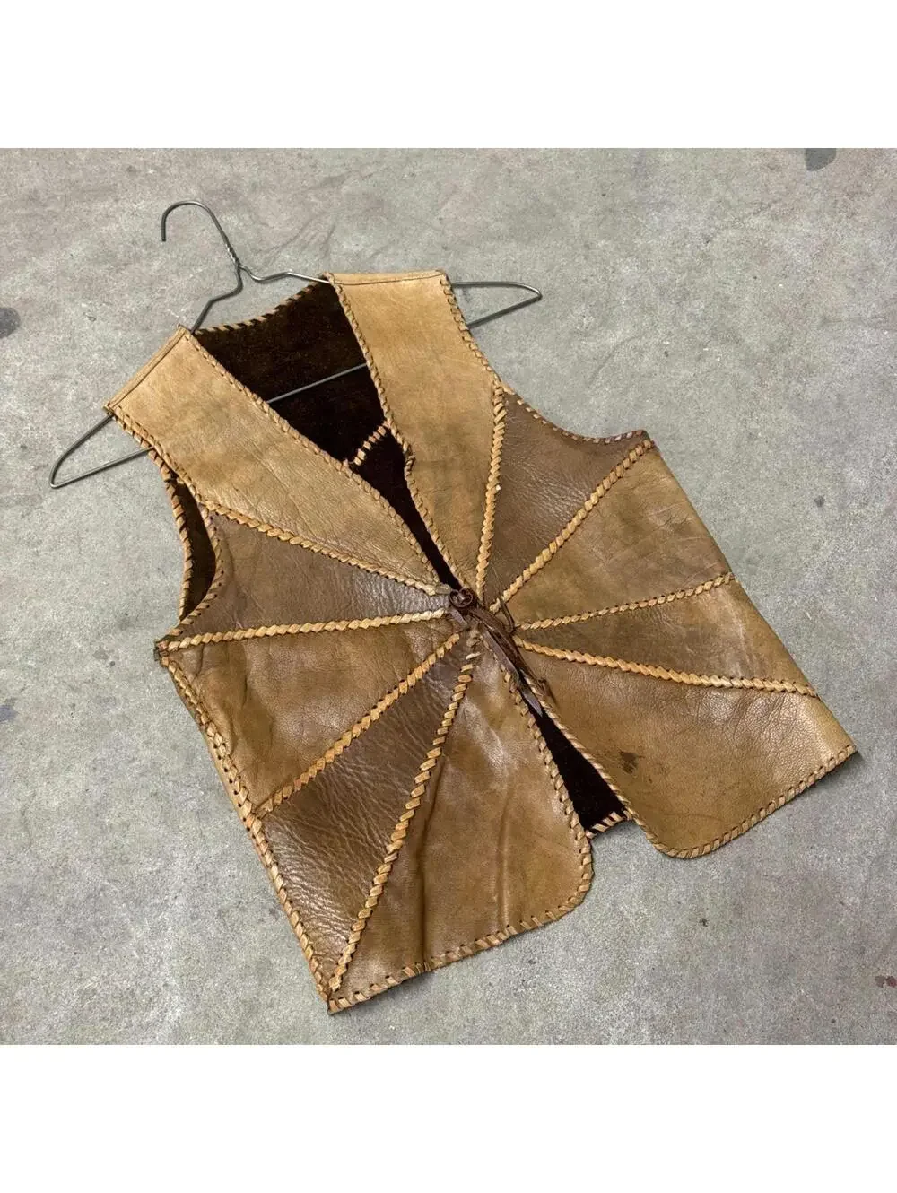 Vintage 60s 70s Leather Western Film Costume Vest Whipstitch Sunburst